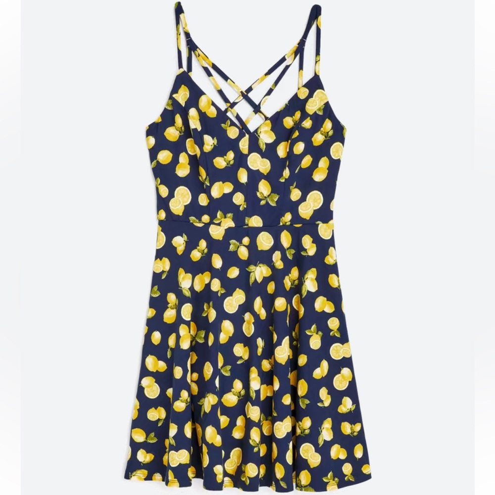 Brushed Knit Navy & Lemon Strappy Mini Dress
